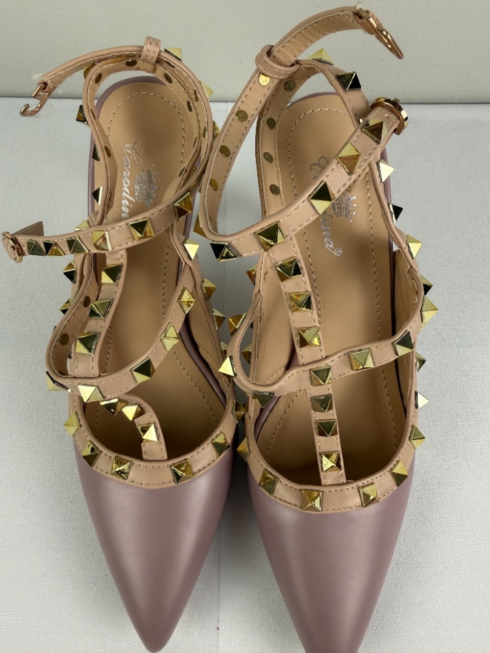 Studded T-Strap Pointed Toe Heels in Dusty Rose - Picture 9 of 10